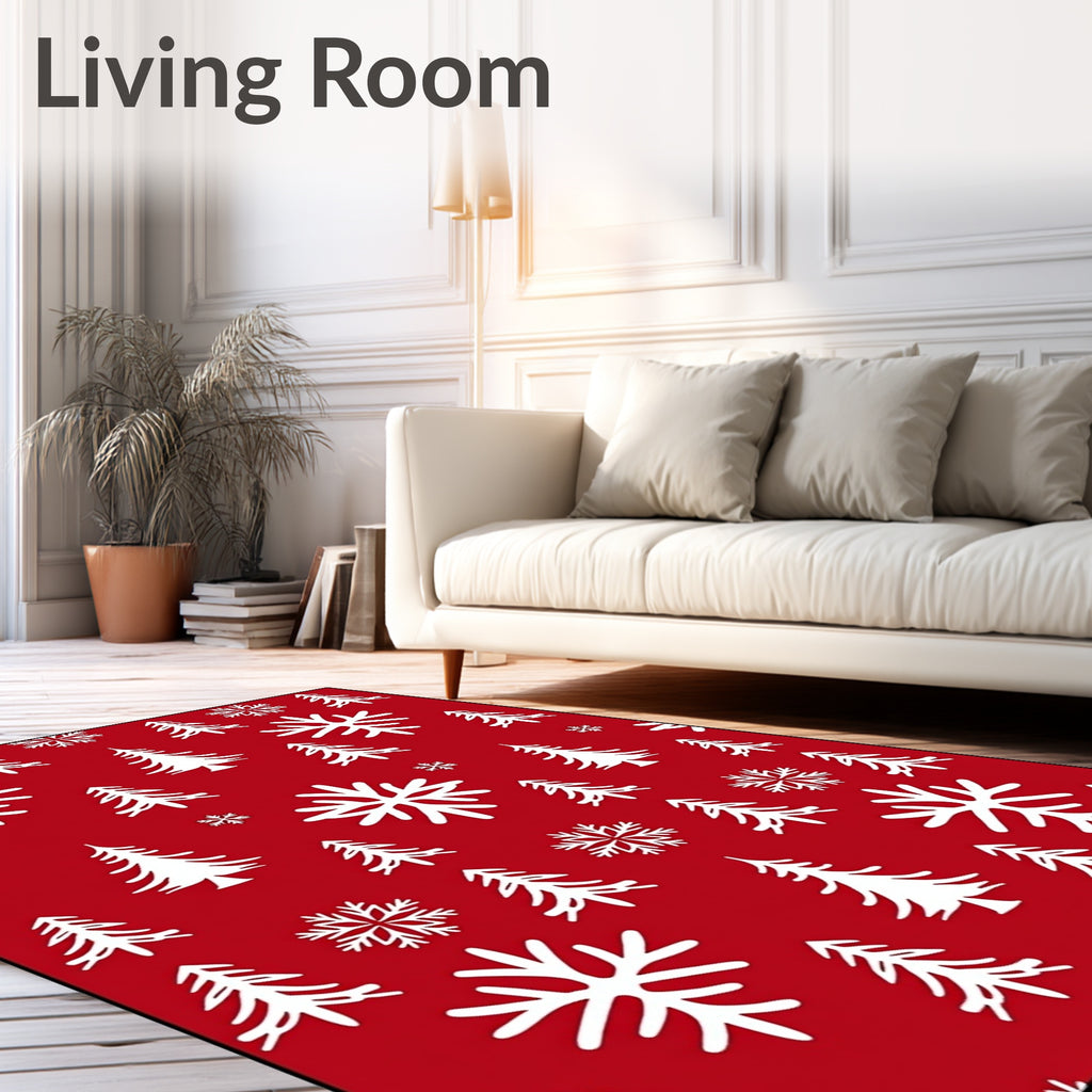 Festive Red White Trees Snowflakes Rug