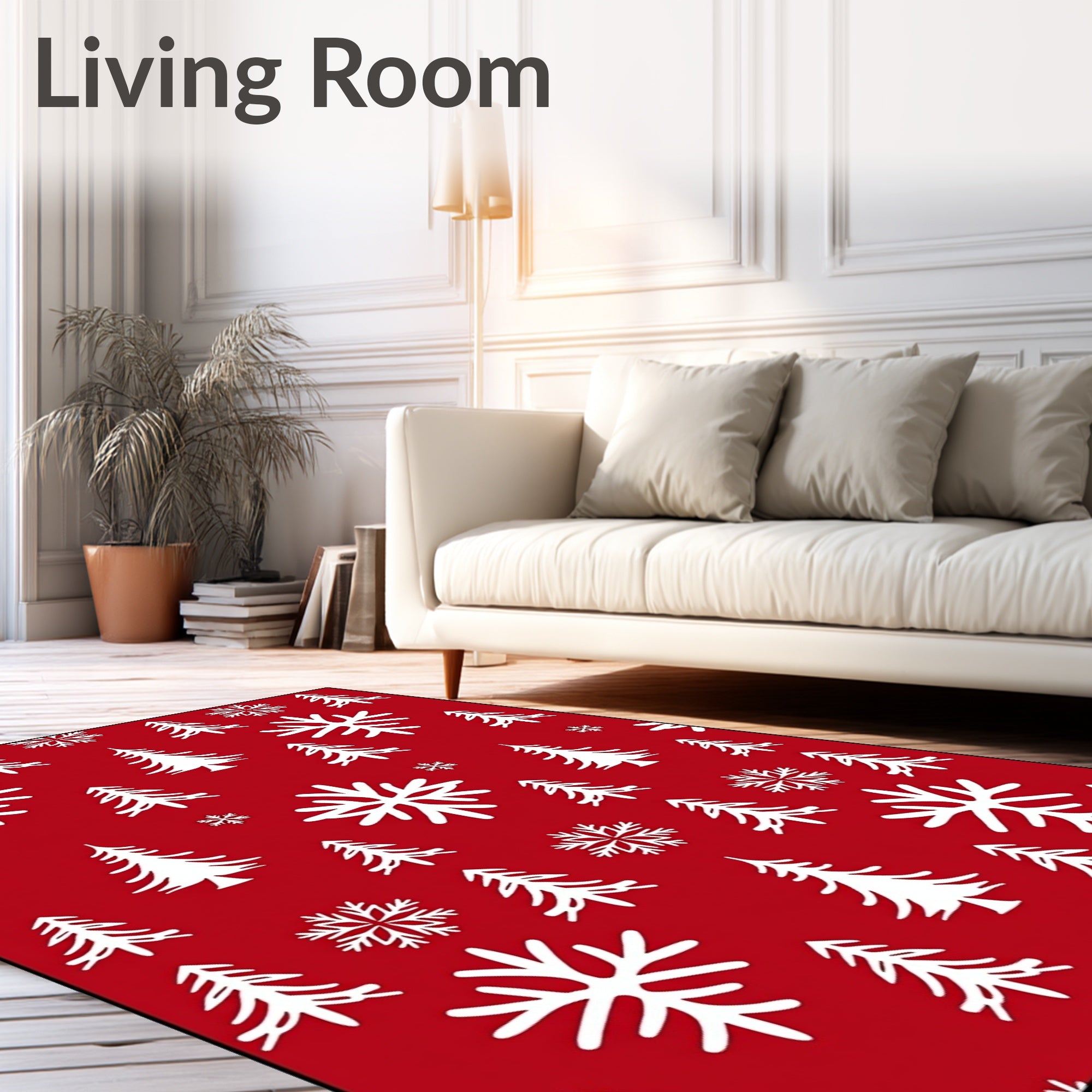Festive Red White Trees Snowflakes Rug