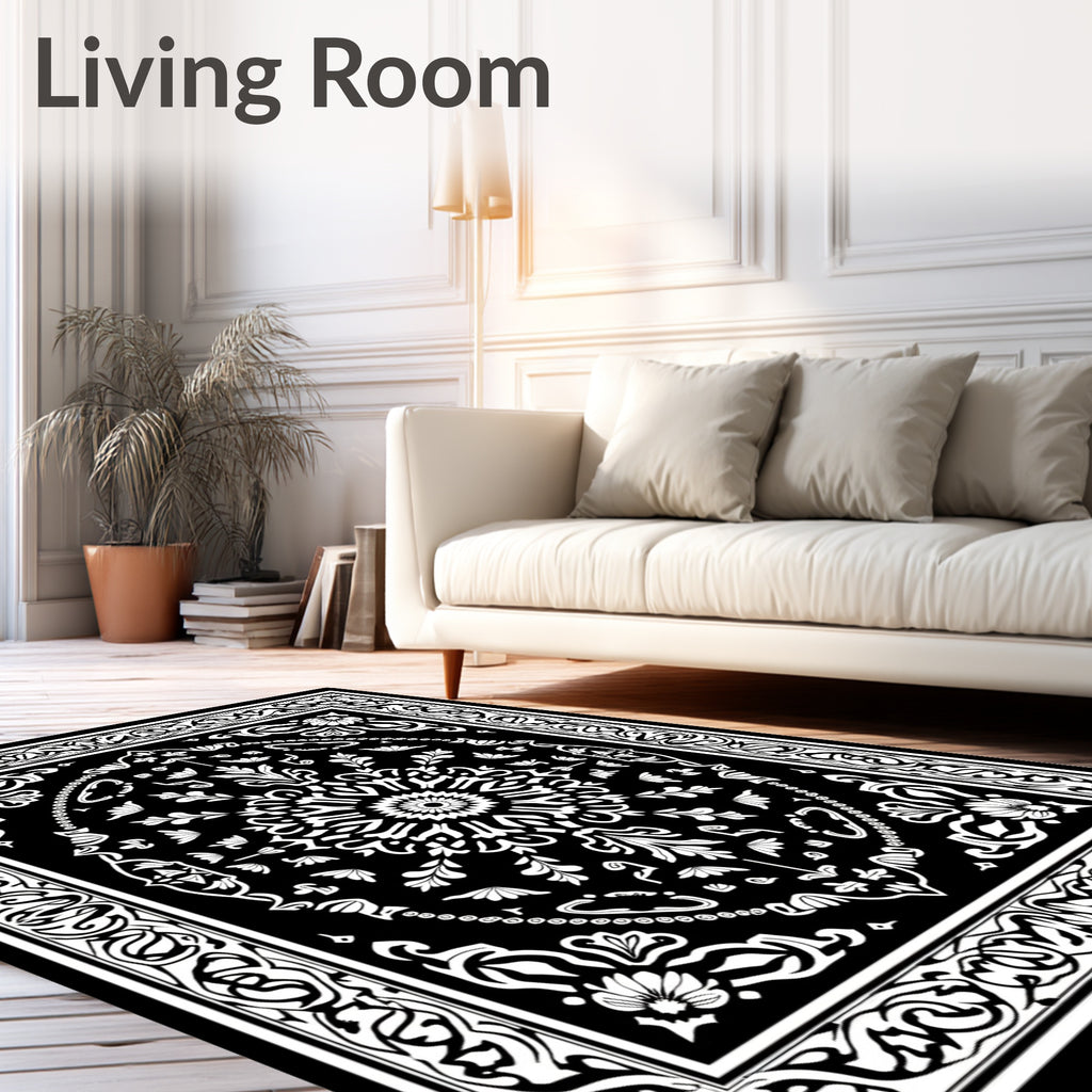 Black White Ornate Floral Mandala Rug