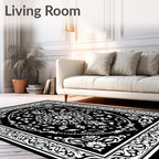 Black White Ornate Floral Mandala Rug