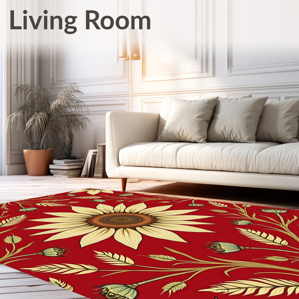 Bold Red Sunflower Botanical Pattern Rug