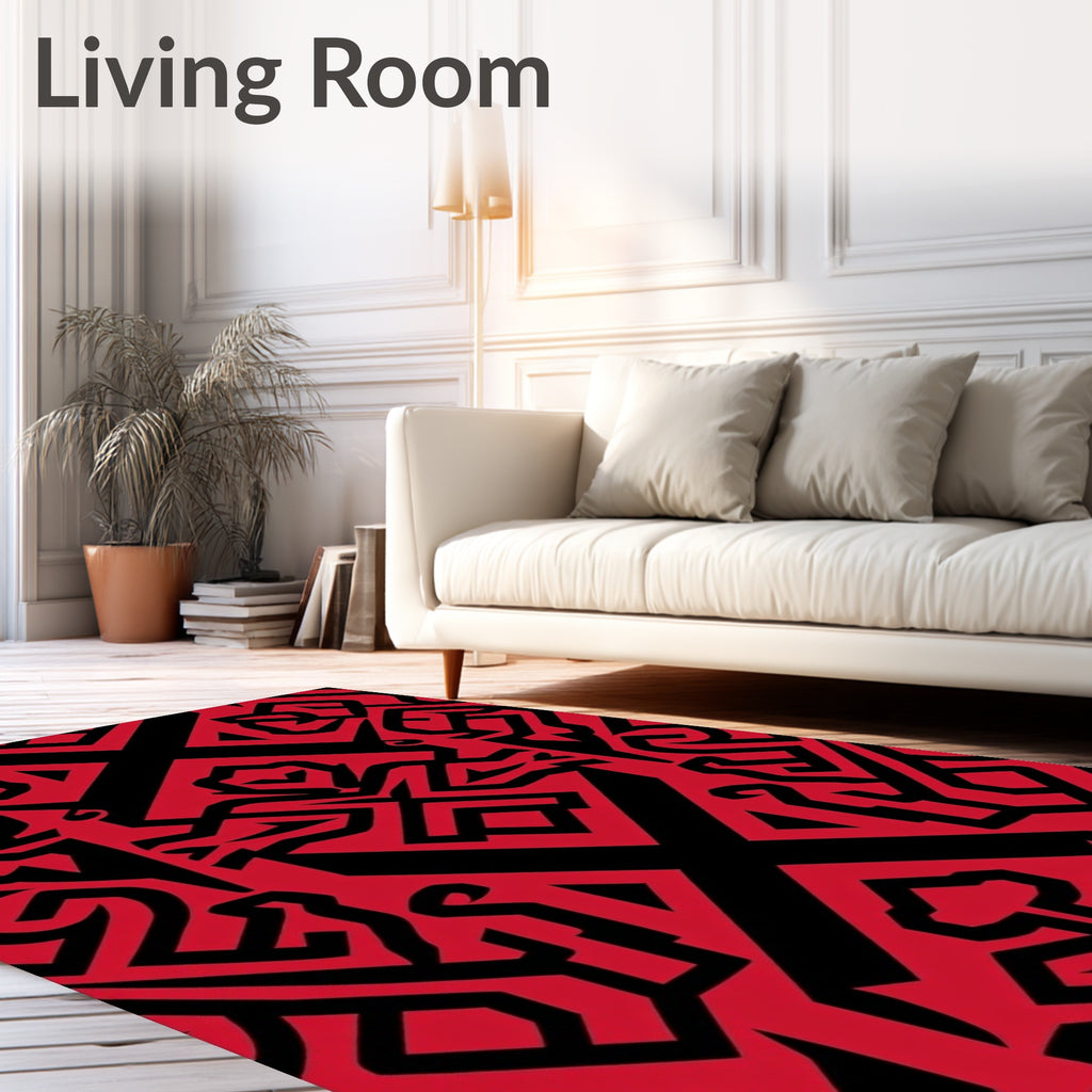 Bold Red Black Tribal Pattern Rug