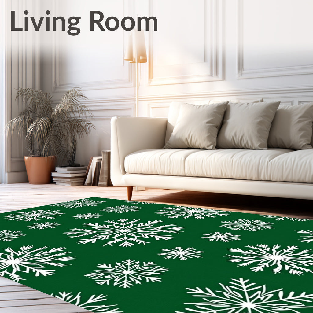 White Snowflakes On Green Background Rug