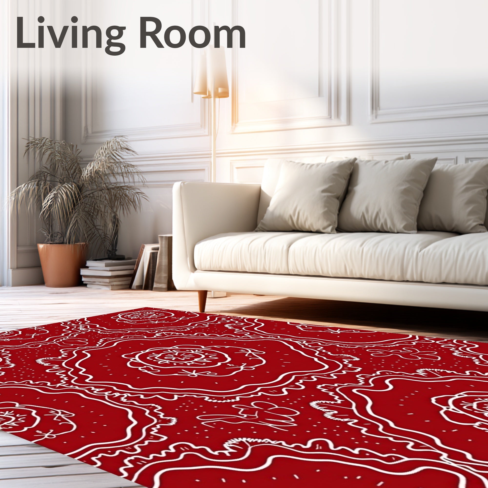 Crimson Floral Whimsical Line Art Rug