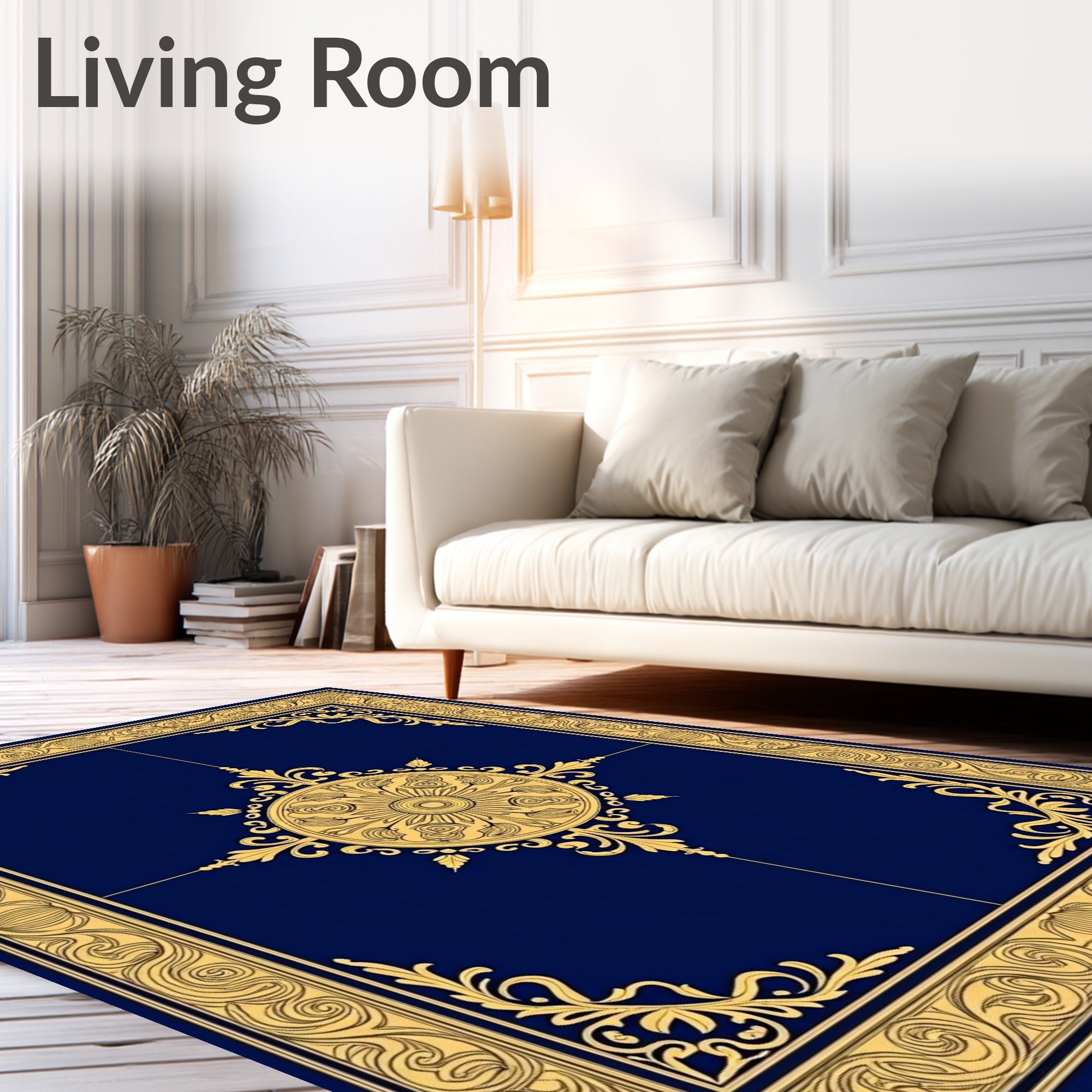 Ornate Golden Floral Medallion Border Rug