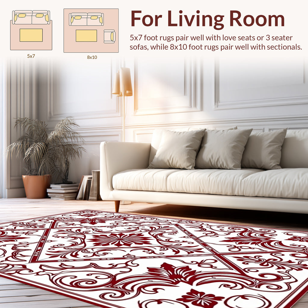 Elegant Red Scrollwork Floral Pattern Rug