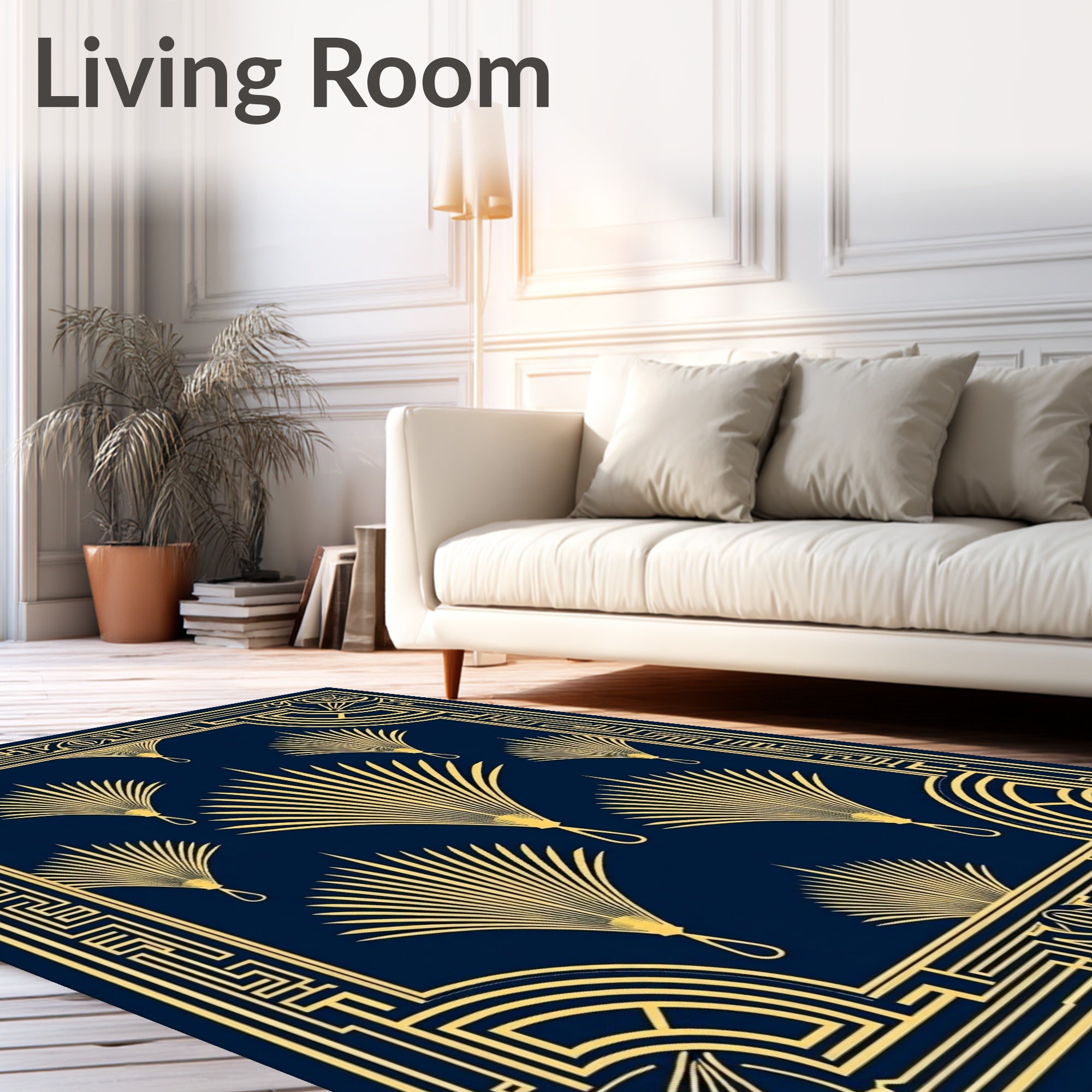 Art Deco Fan Pattern Navy Gold Rug