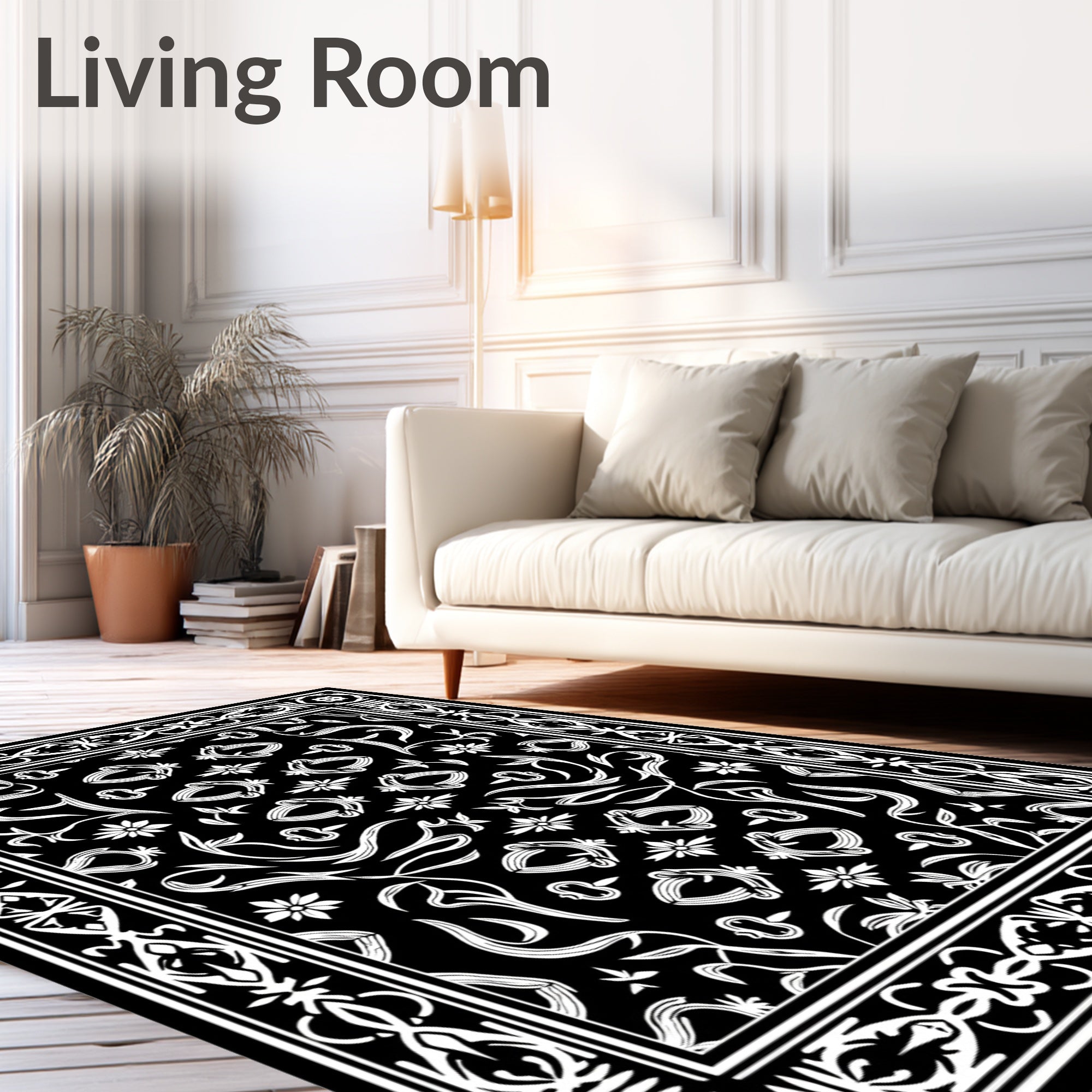 Classic Black White Floral Border Design Rug