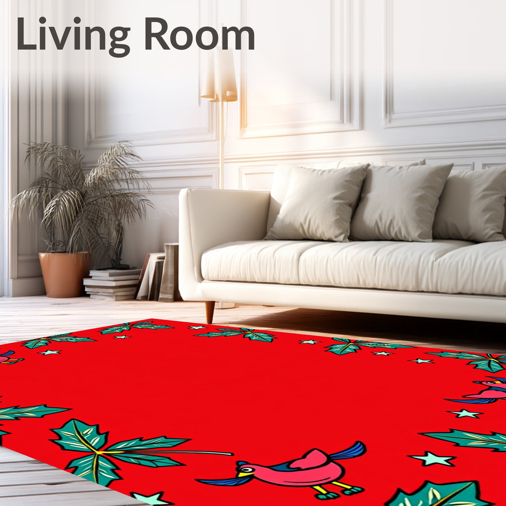 Whimsical Pink Birds Green Leaves Stars Rug