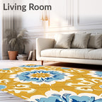 Golden Yellow Blue Floral Medallion Pattern Rug
