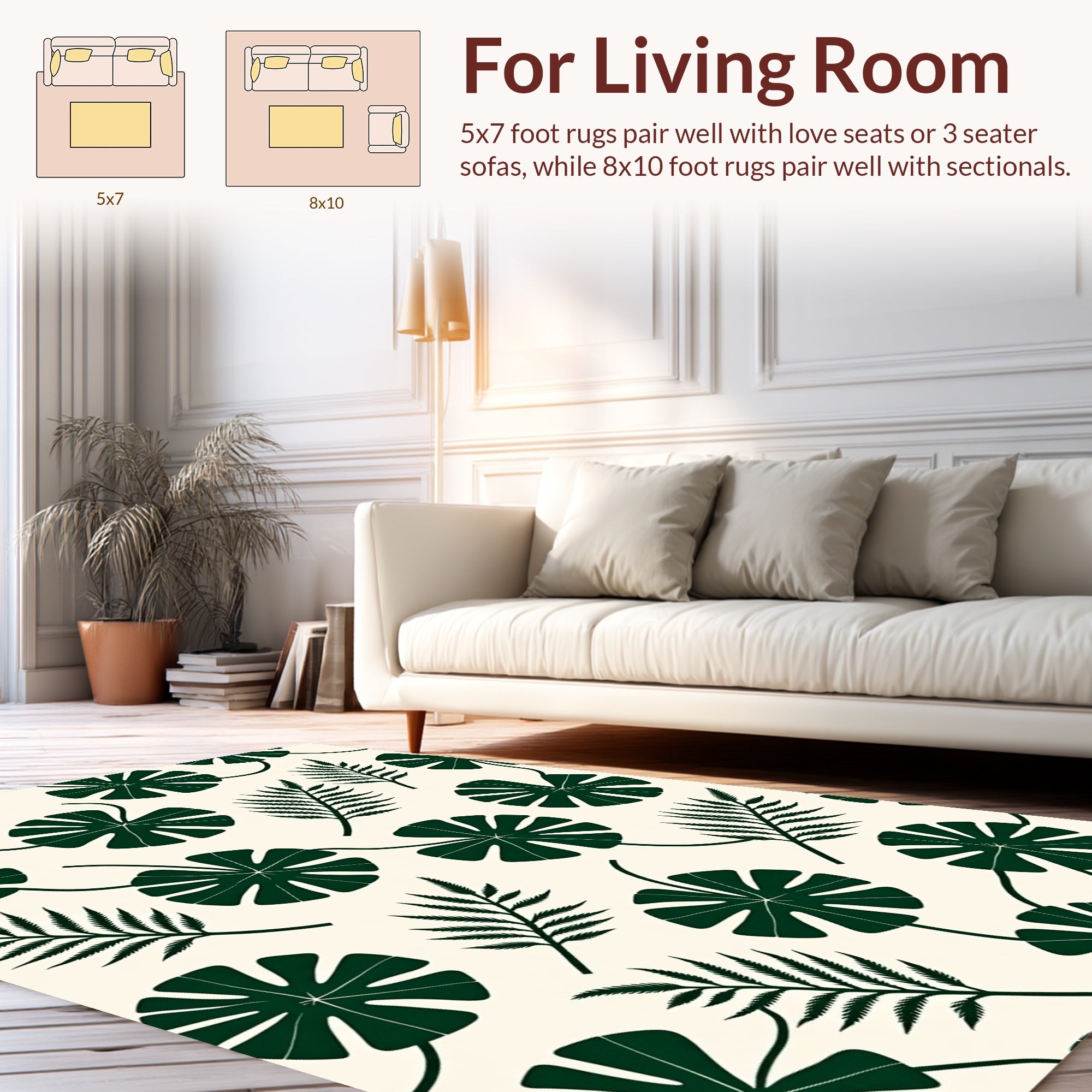 Dark Green Tropical Leaf Pattern Rug
