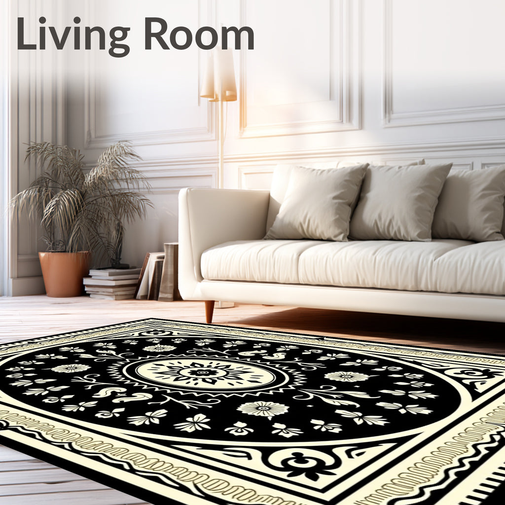 Classic Black Cream Ornamental Floral Rug