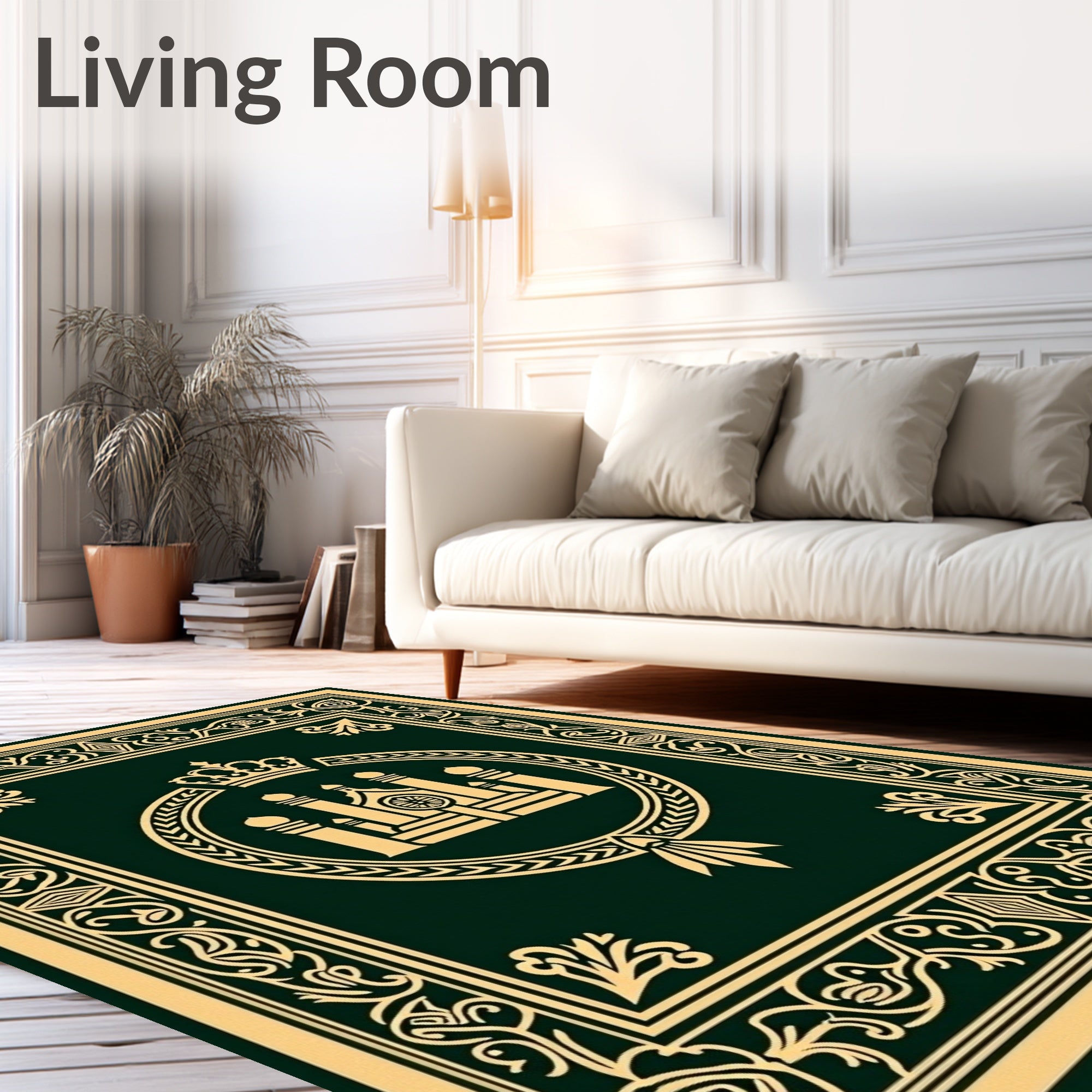 Ornate Golden Royal Emblem Border Rug
