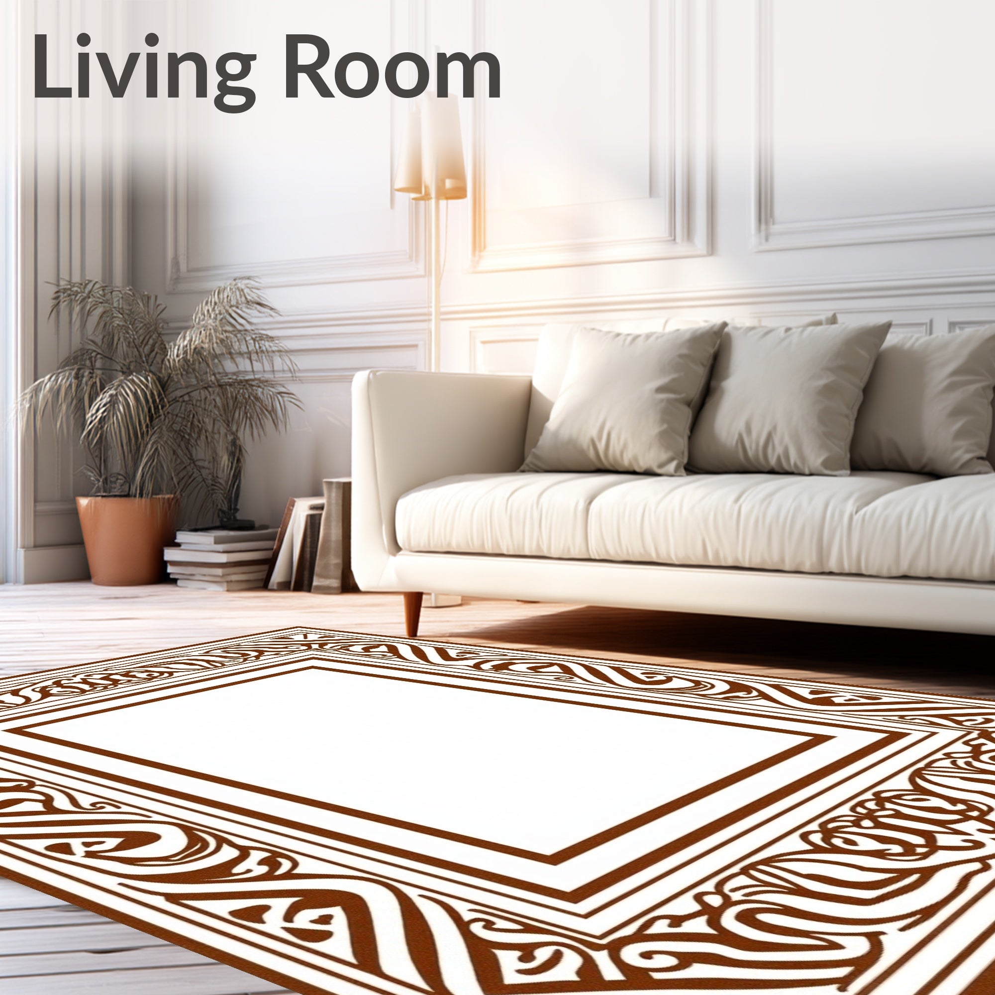 Ornate Scrollwork Patterned Brown Frame Rug