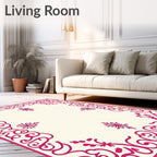 Ornate Pink Floral Scroll Border Design Rug