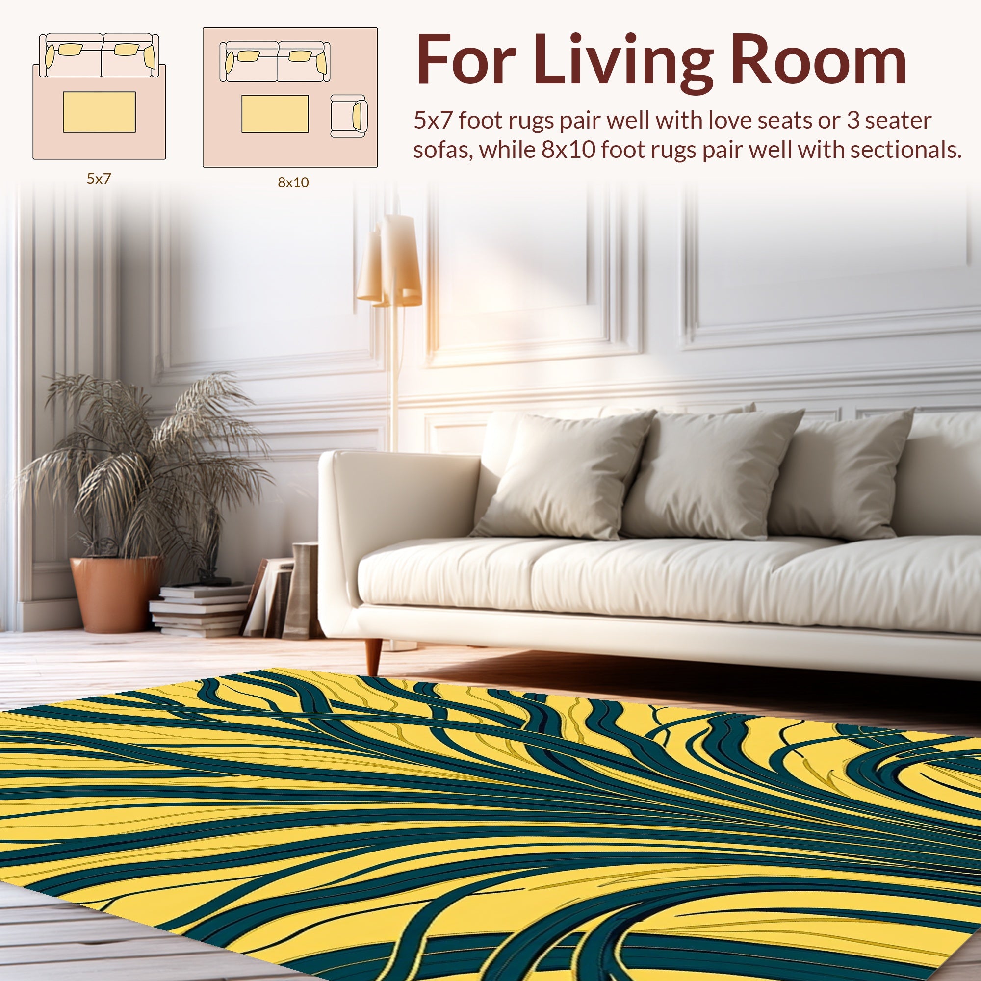 Yellow Teal Swirling Vine Pattern Rug