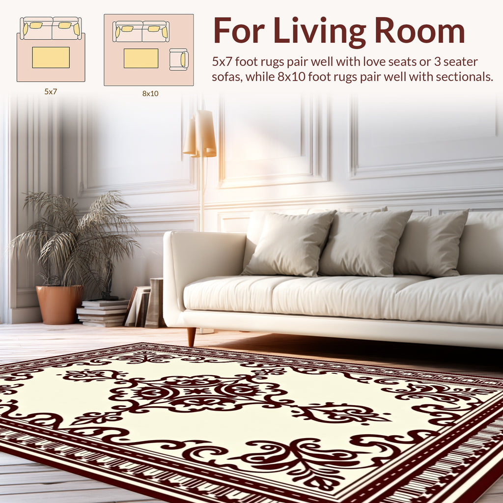 Classic Cream Burgundy Scrollwork Rug