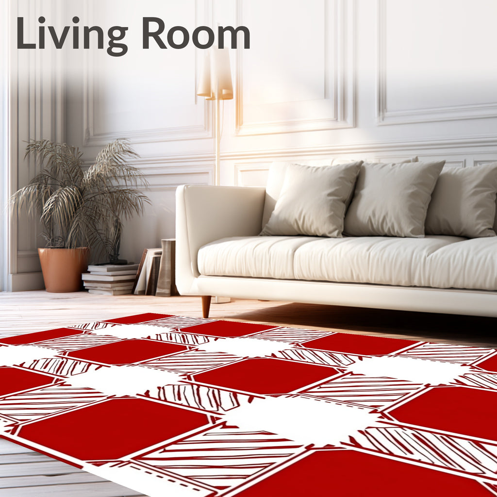 Geometric Red White Checked Pattern Rug