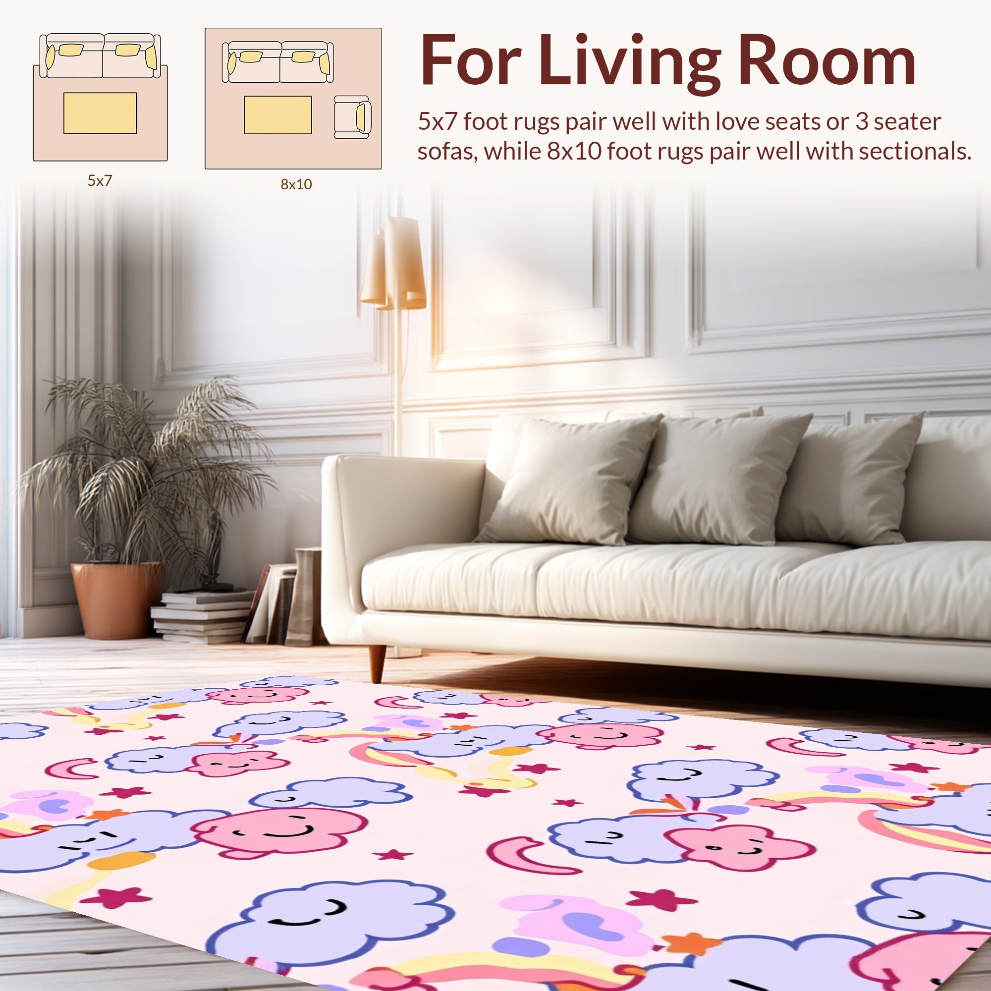 Whimsical Clouds Stars Rainbow Pattern Rug