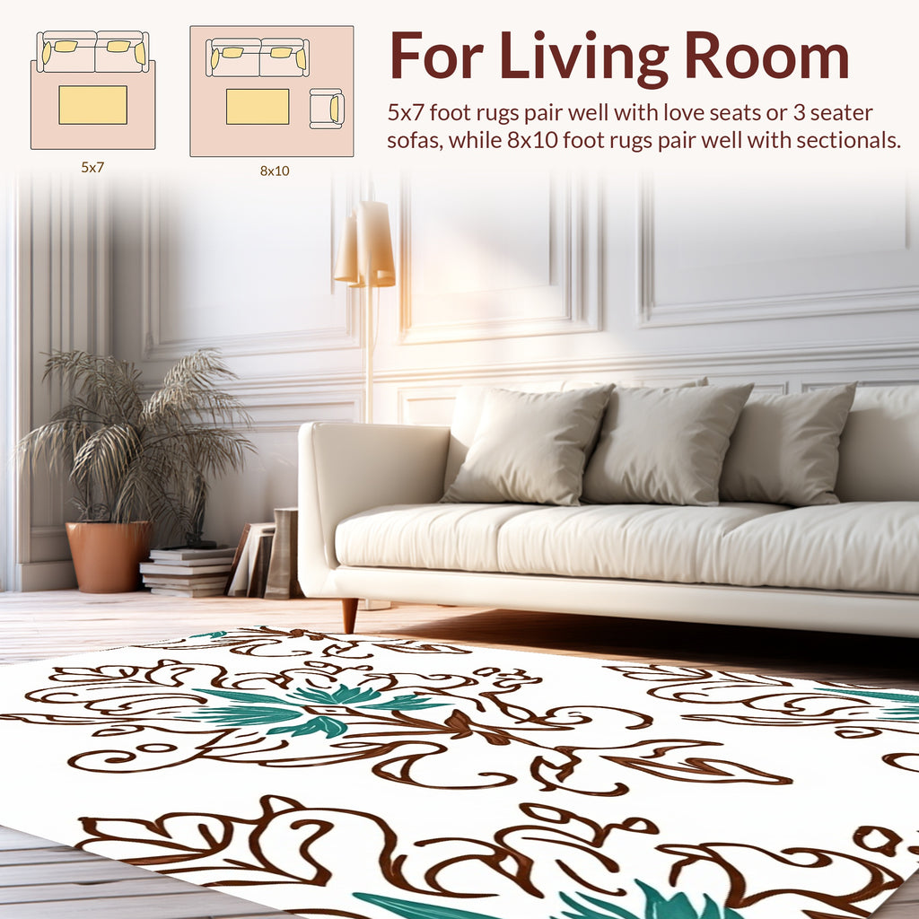 Brown Teal Floral Damask Pattern Rug
