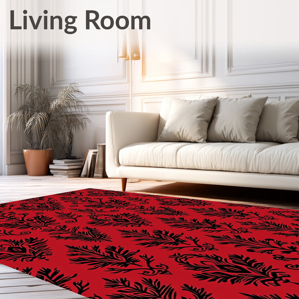 Crimson Black Classic Damask Pattern Rug