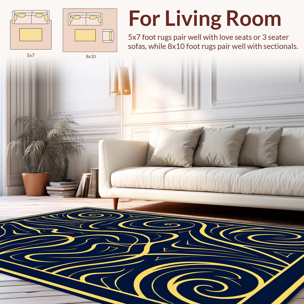 Abstract Swirls Blue Gold Design Rug