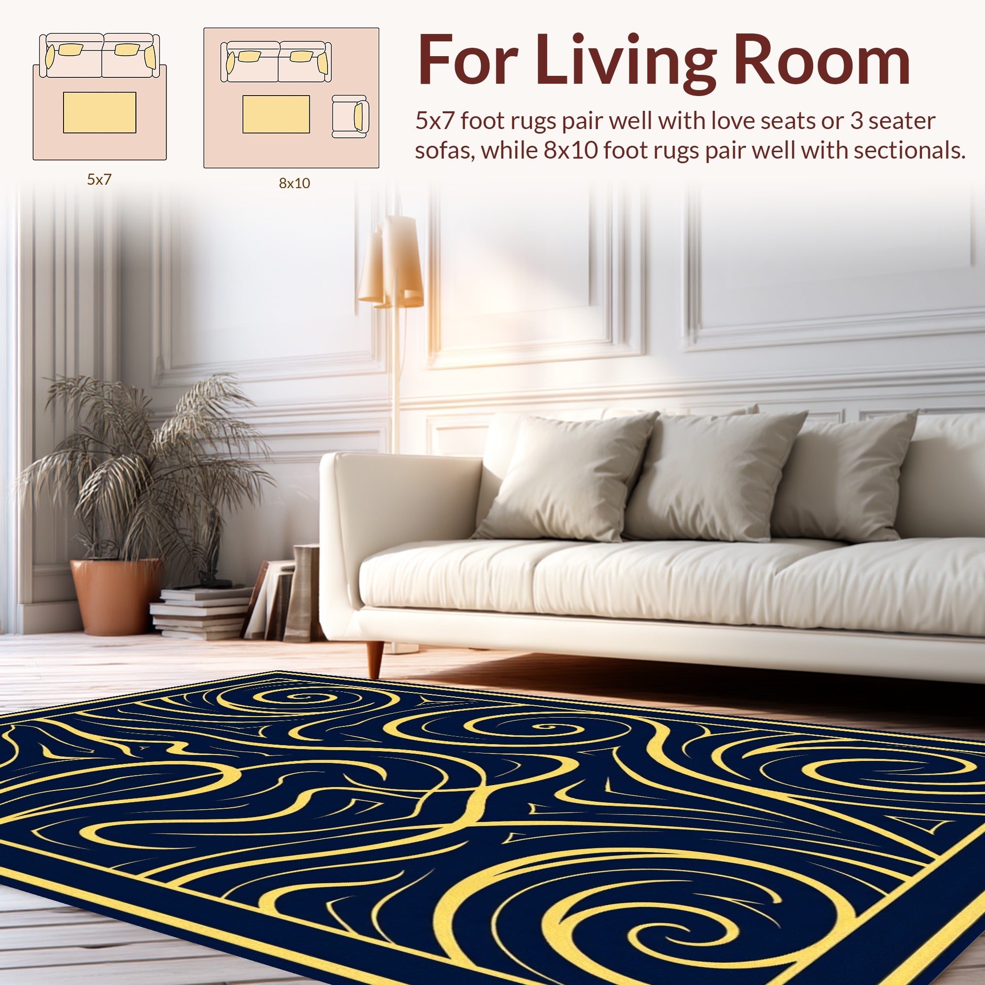 Abstract Swirls Blue Gold Design Rug