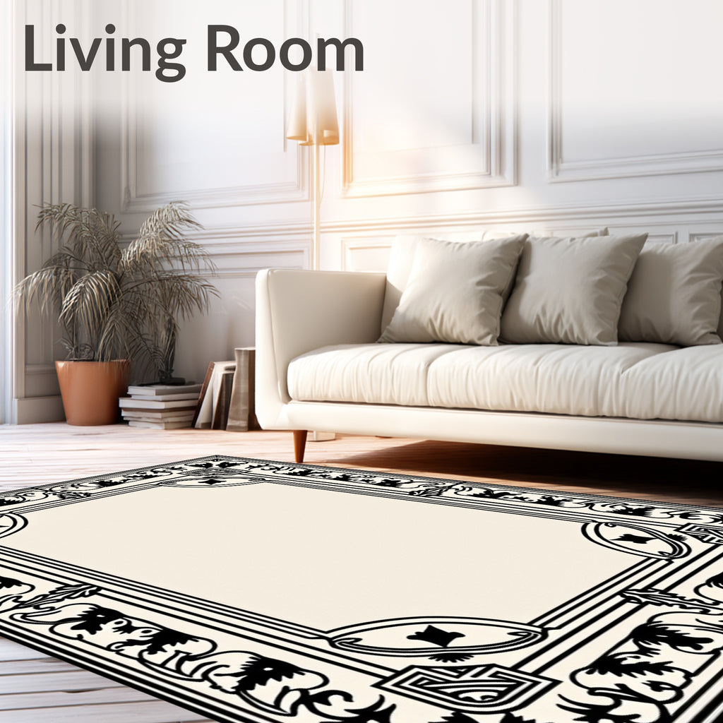 Ornate Black Floral Border Design Rug
