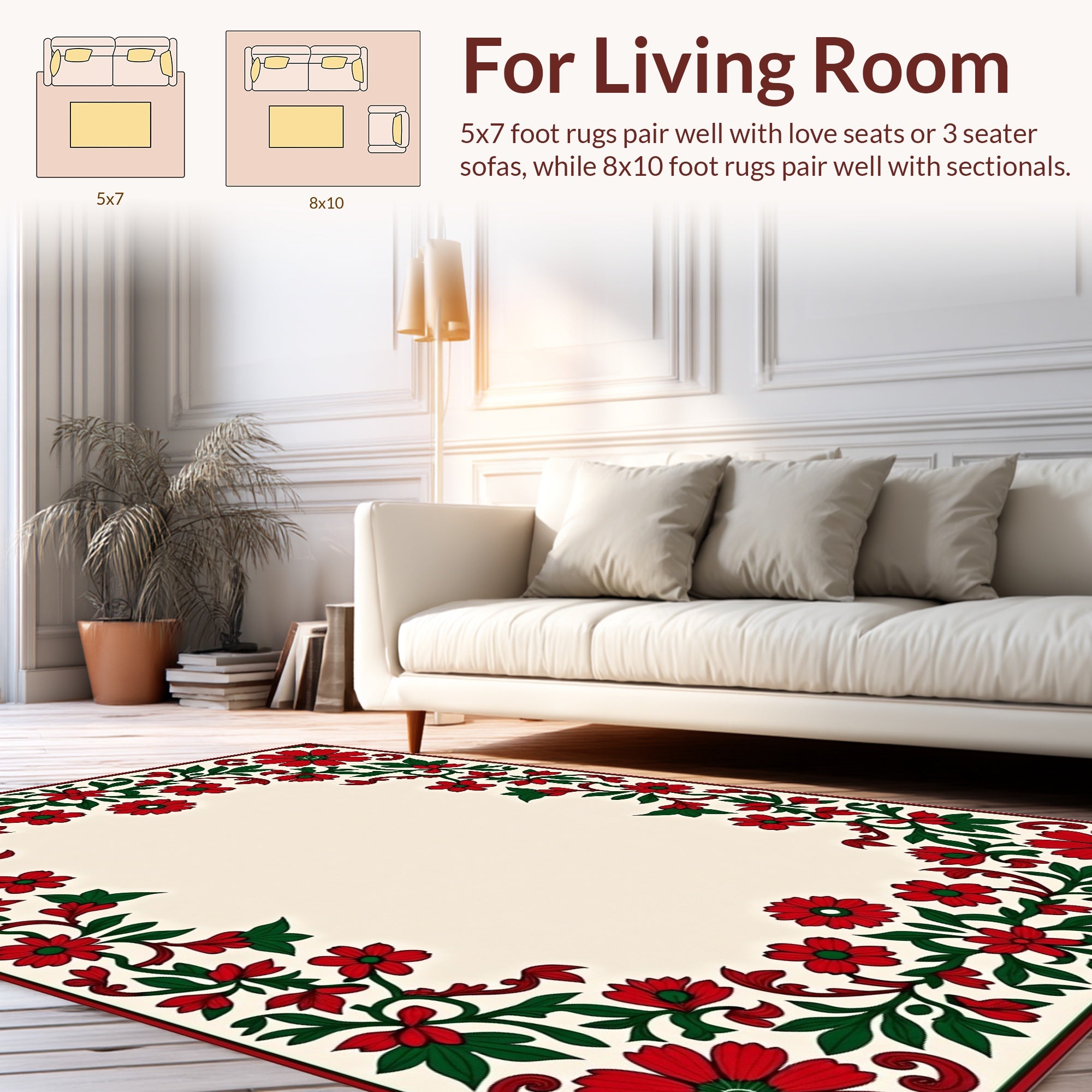 Red Floral Swirls Leaves Design Rug