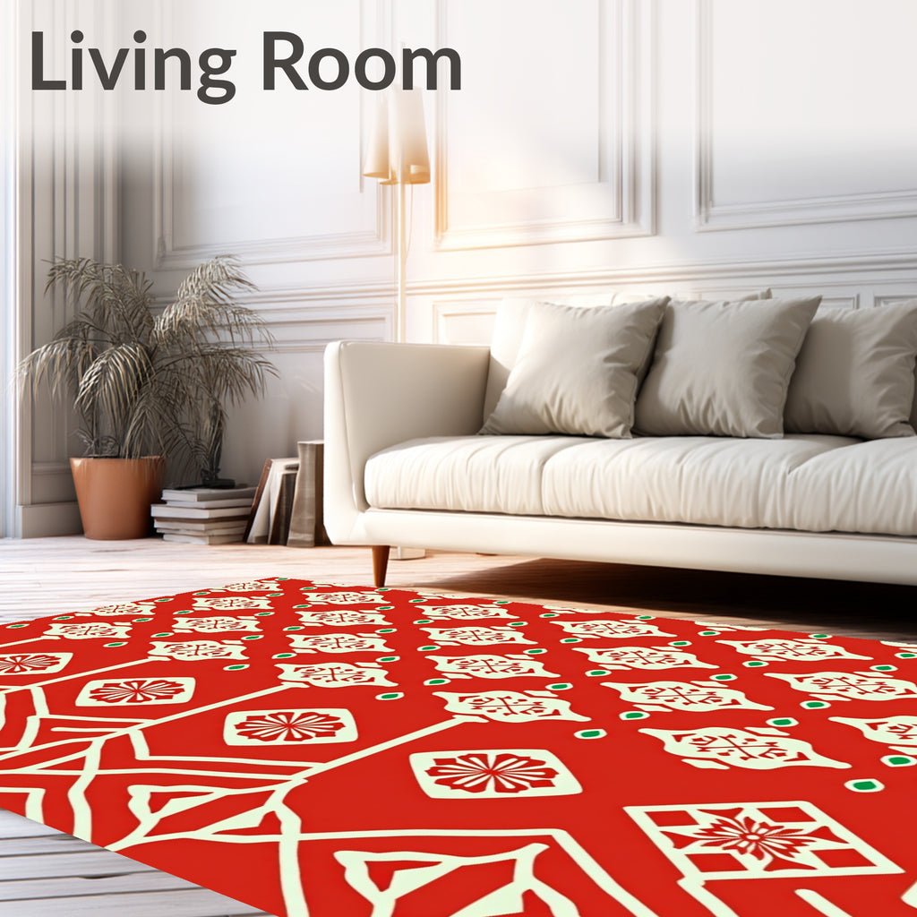 Red Geometric Floral Patterned Rug