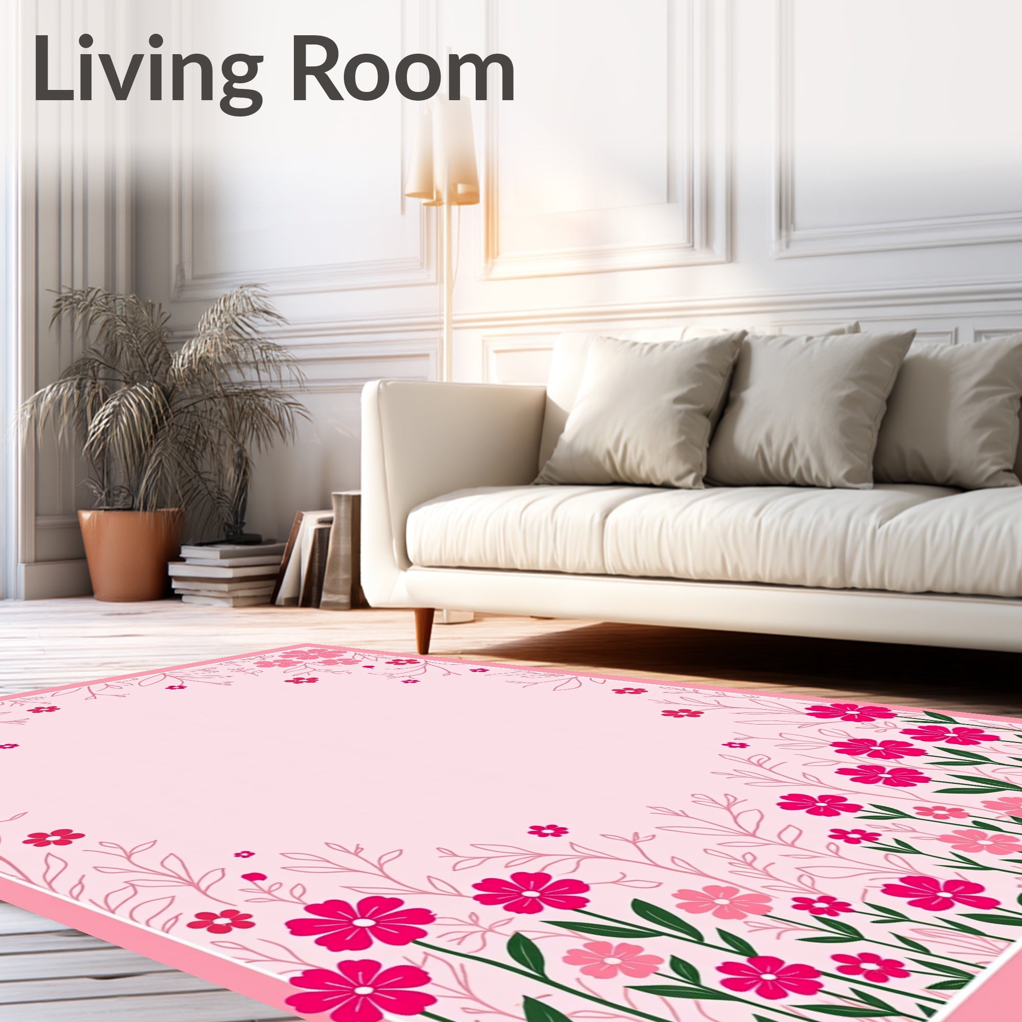 Pink Floral Botanical Whimsical Design Rug