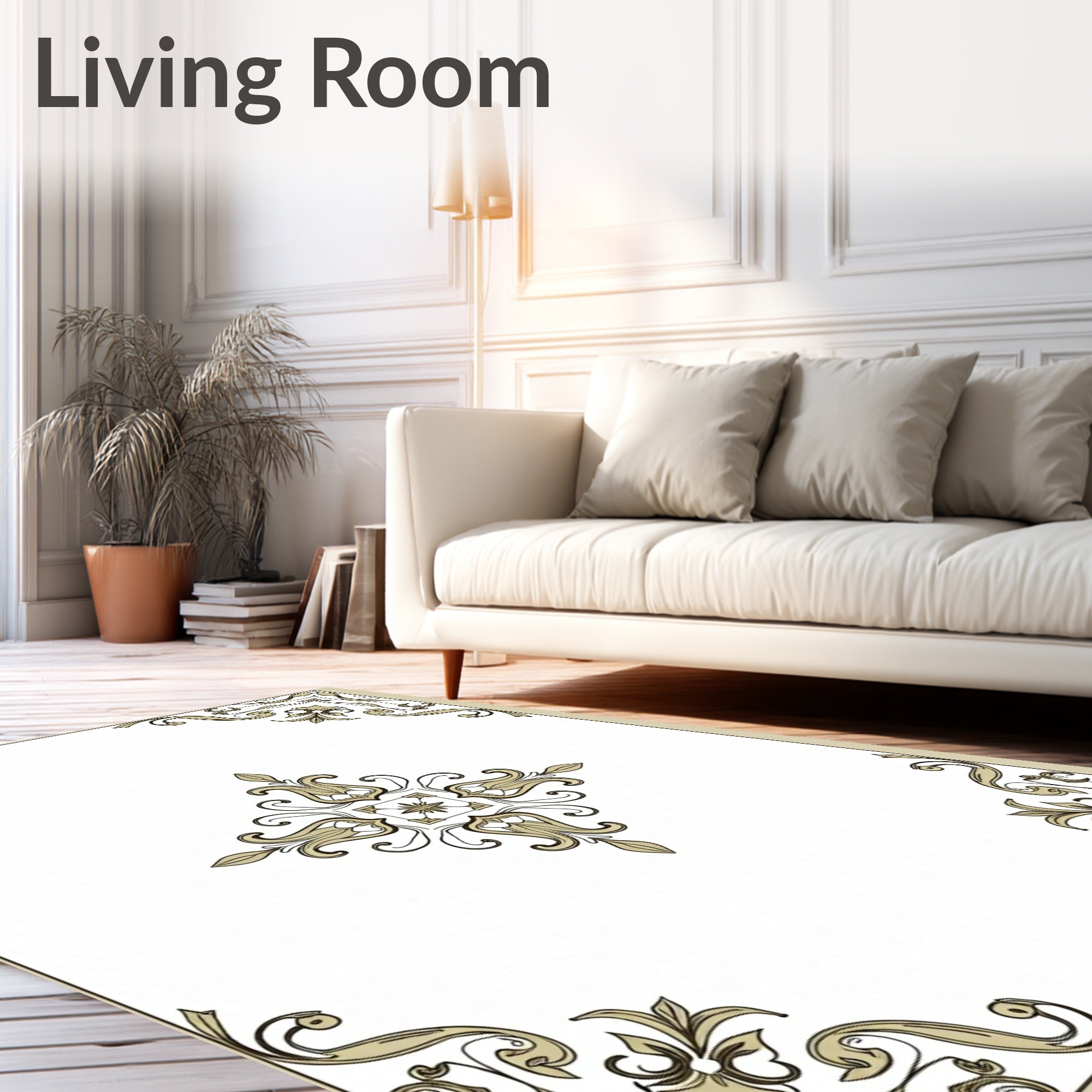 Golden Baroque Floral Scroll Pattern Rug