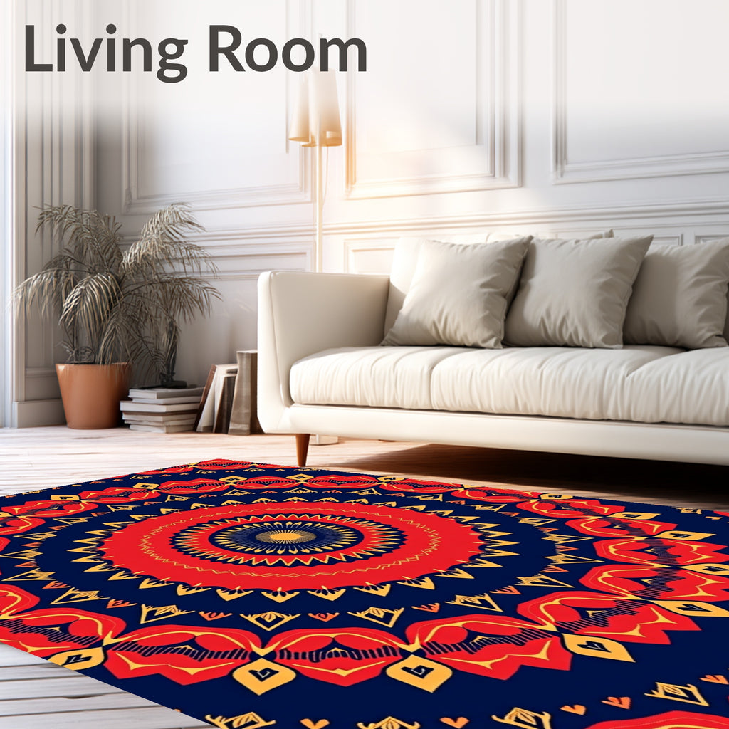 Vibrant Red Yellow Floral Mandala Design Rug