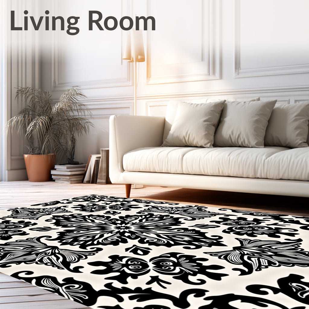 Ornate Black and White Floral Design Rug