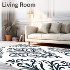 Dark Blue Damask Scroll Pattern Design Rug