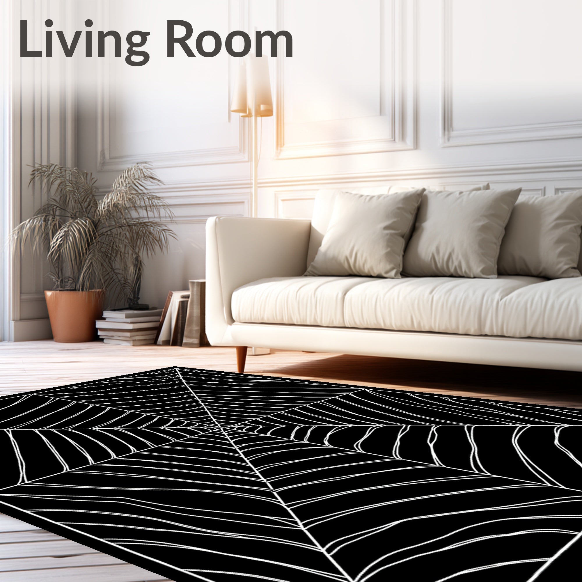 Striking Black White Cobweb Design Rug