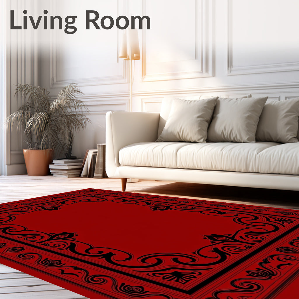 Ornate Black Scrollwork Red Rug