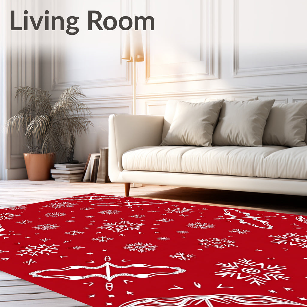 White Snowflake Patterned Red Rug