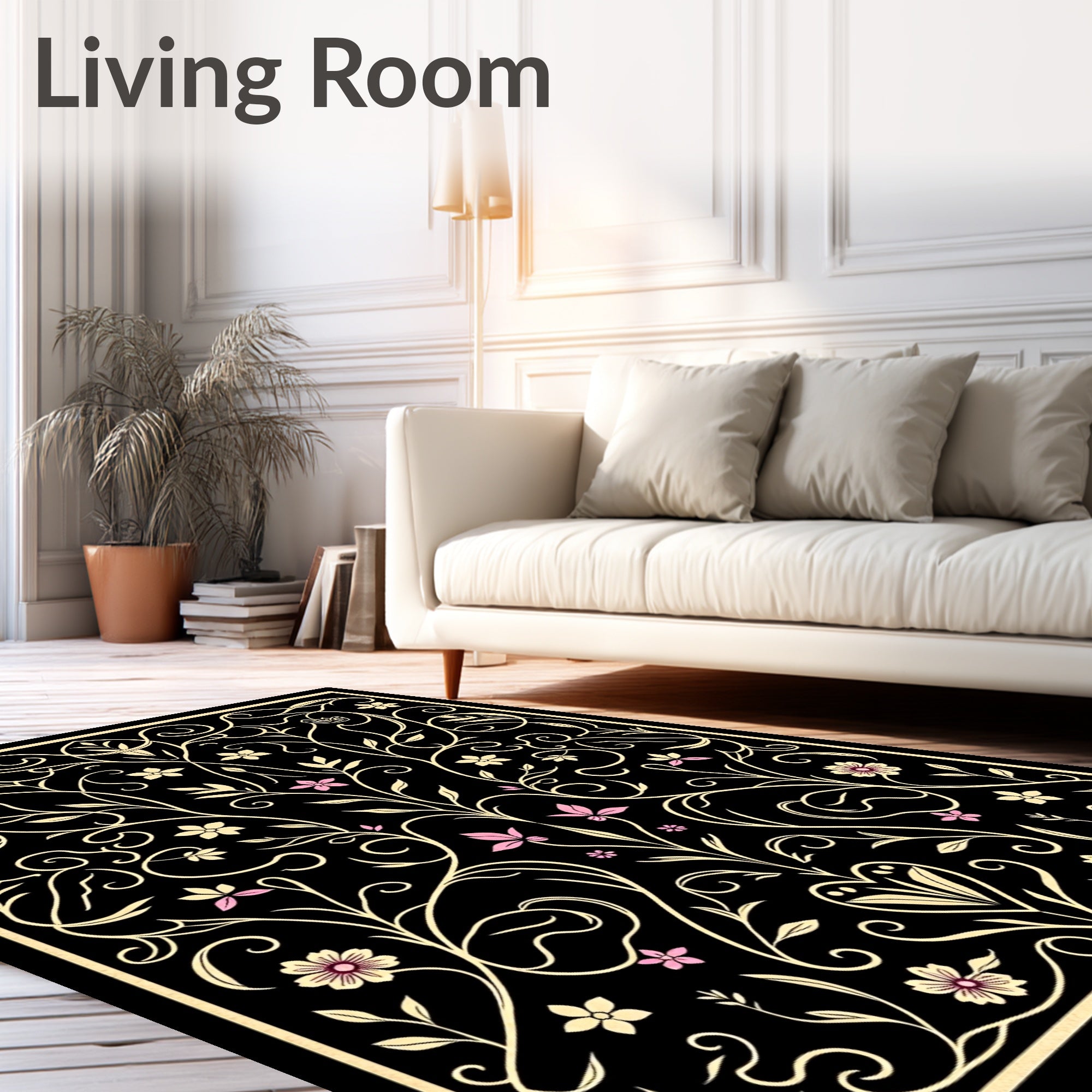 Black Floral Swirl Art Nouveau Rug