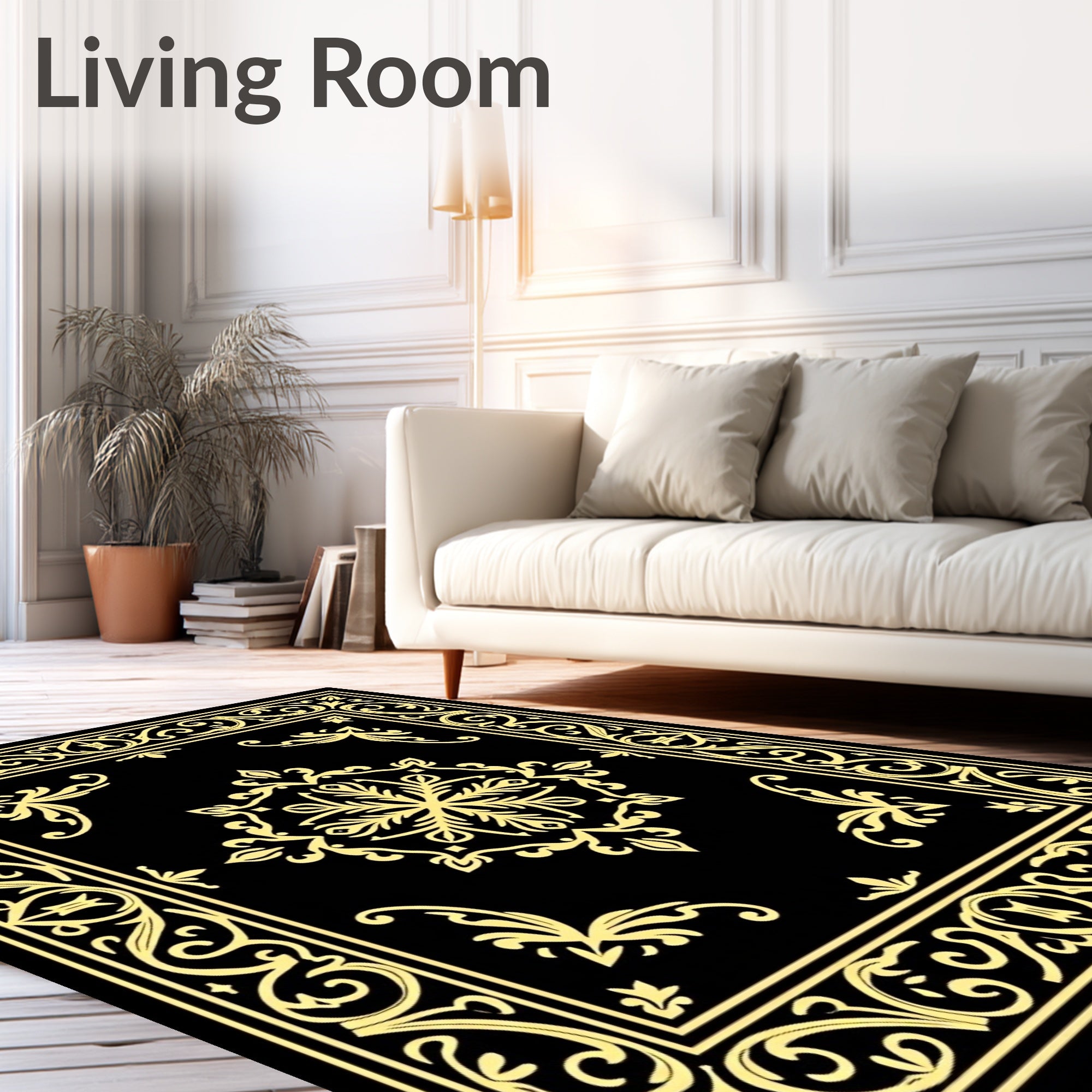 Golden Floral Medallion Black Decorative Rug