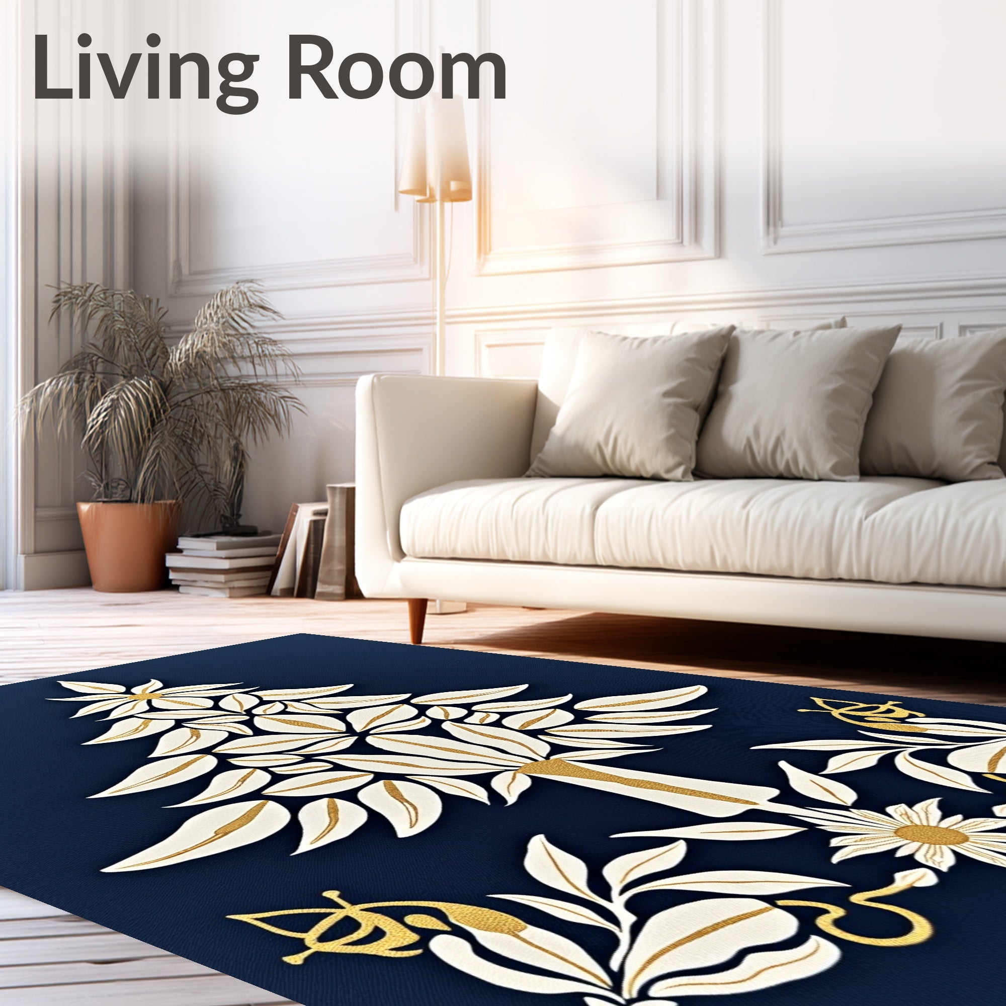 Elegant White Gold Floral Tree Design Rug