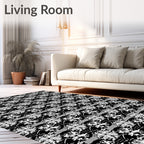 White Floral Motif On Black Design Rug