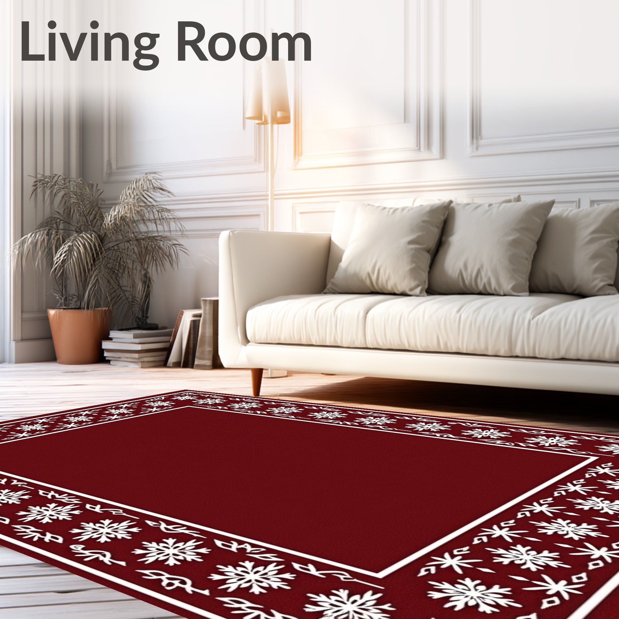 White Snowflake Border In Crimson Red Rug