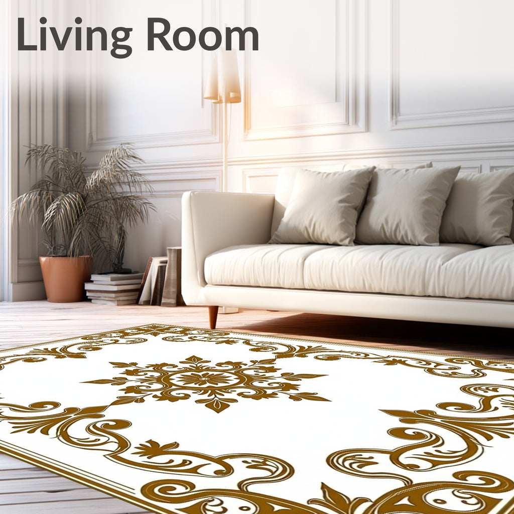 Ornate Golden Floral Scrollwork Frame Rug