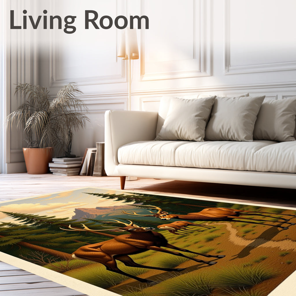 Majestic Deer Forest Mountain Scene Rug
