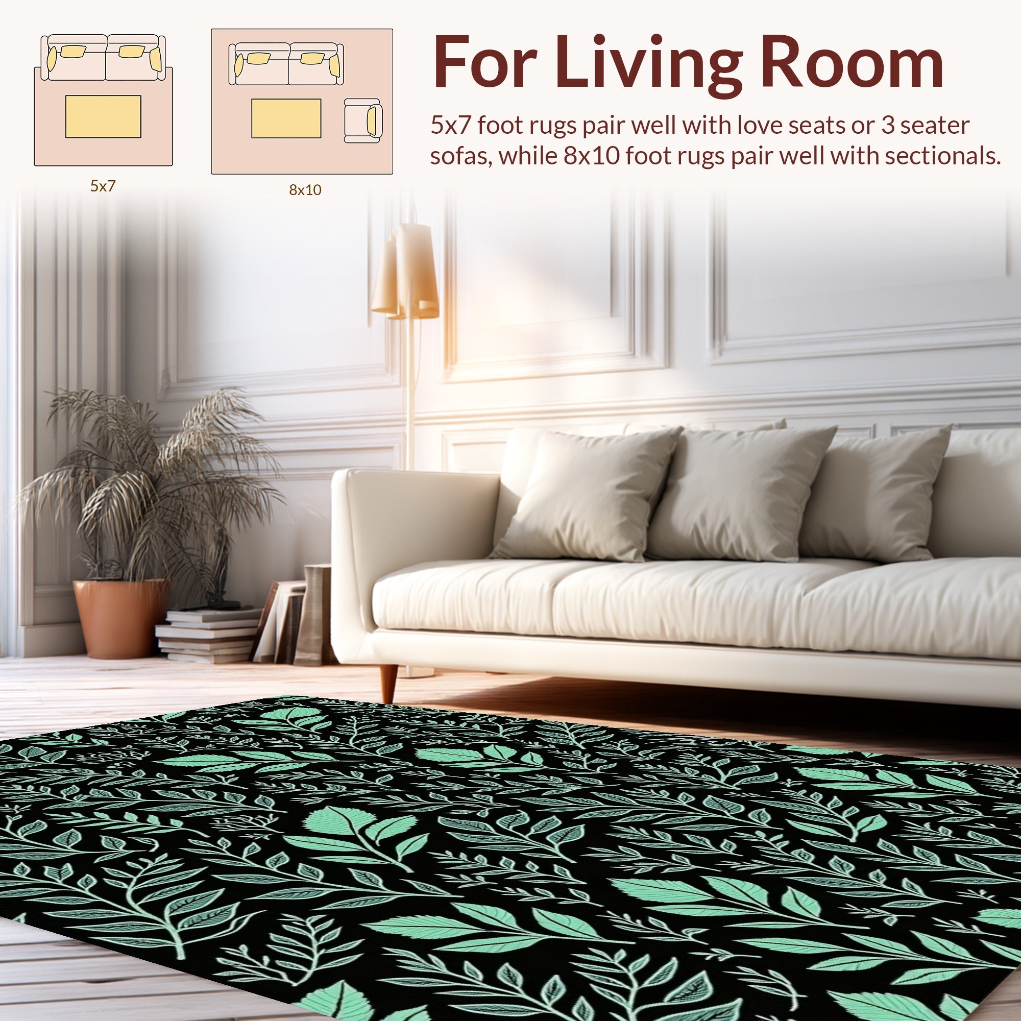 Elegant Mint Leaf Black Pattern Design Rug