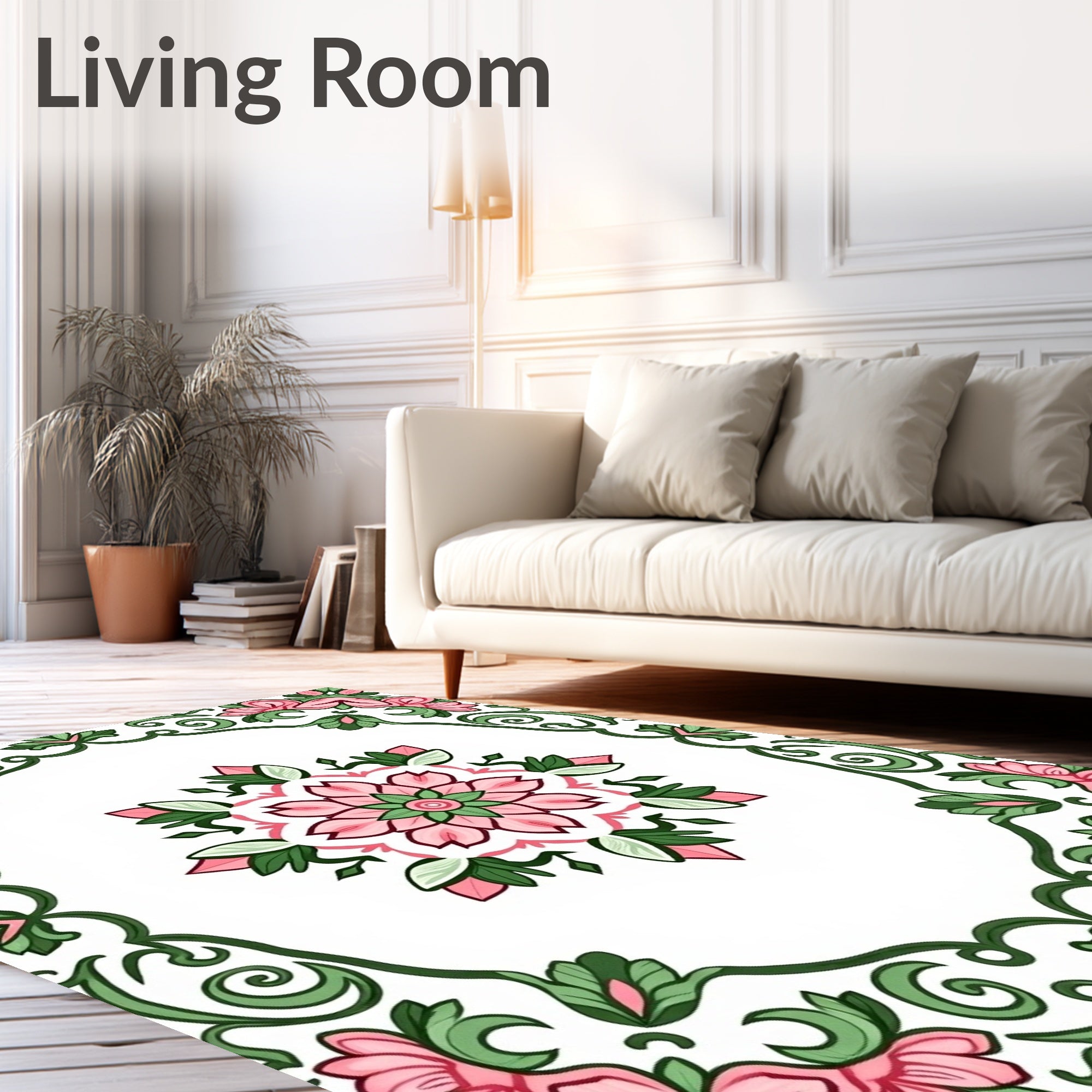 Pink Floral Swirl Frame Design Rug