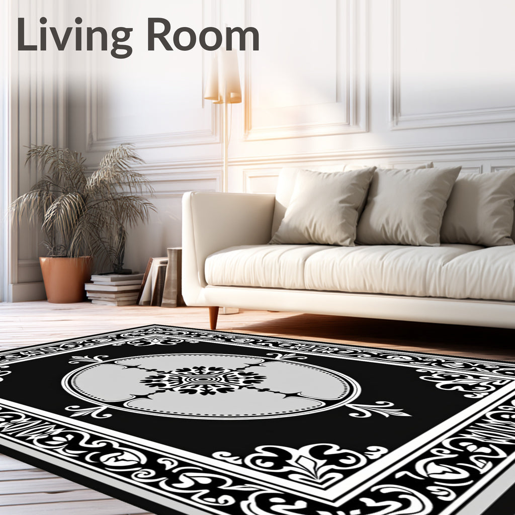 Elegant Black White Floral Medallion Rug