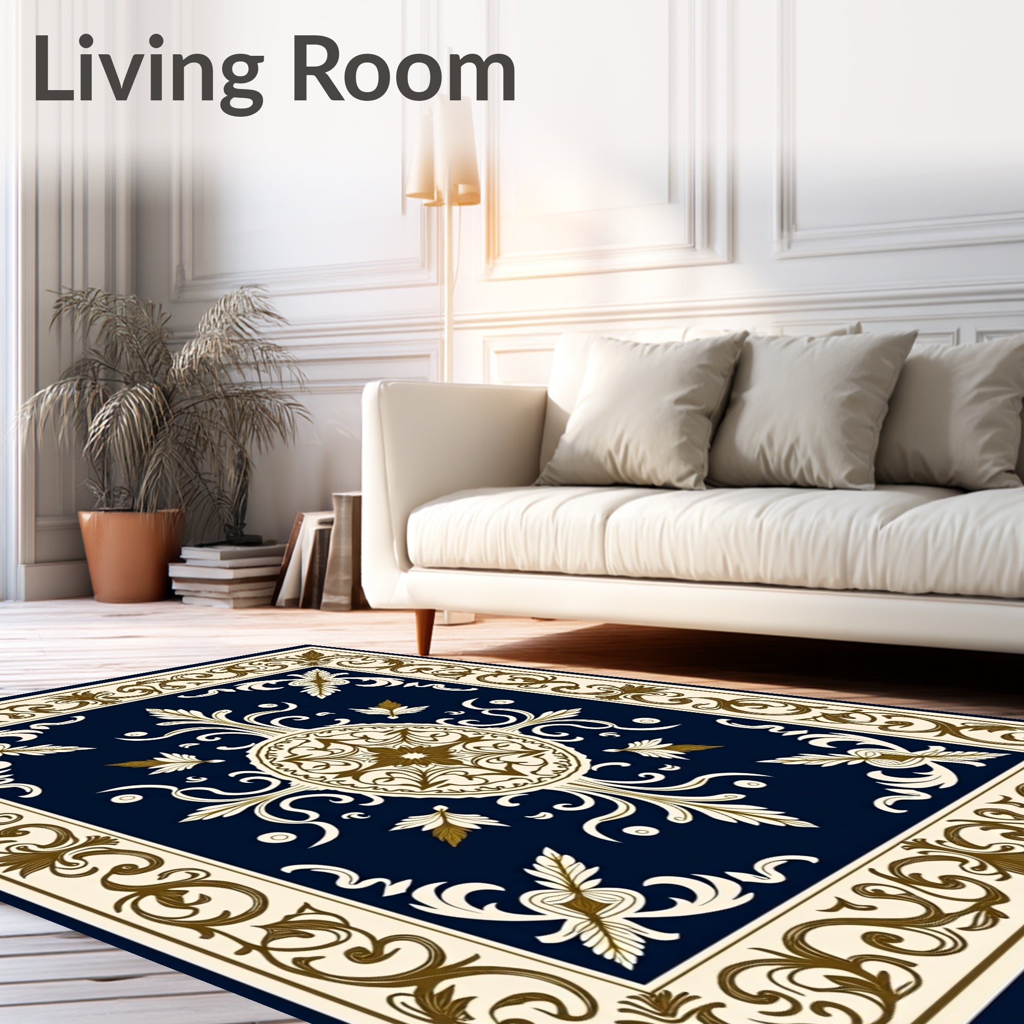 Ornate Floral Scrollwork Navy Rug