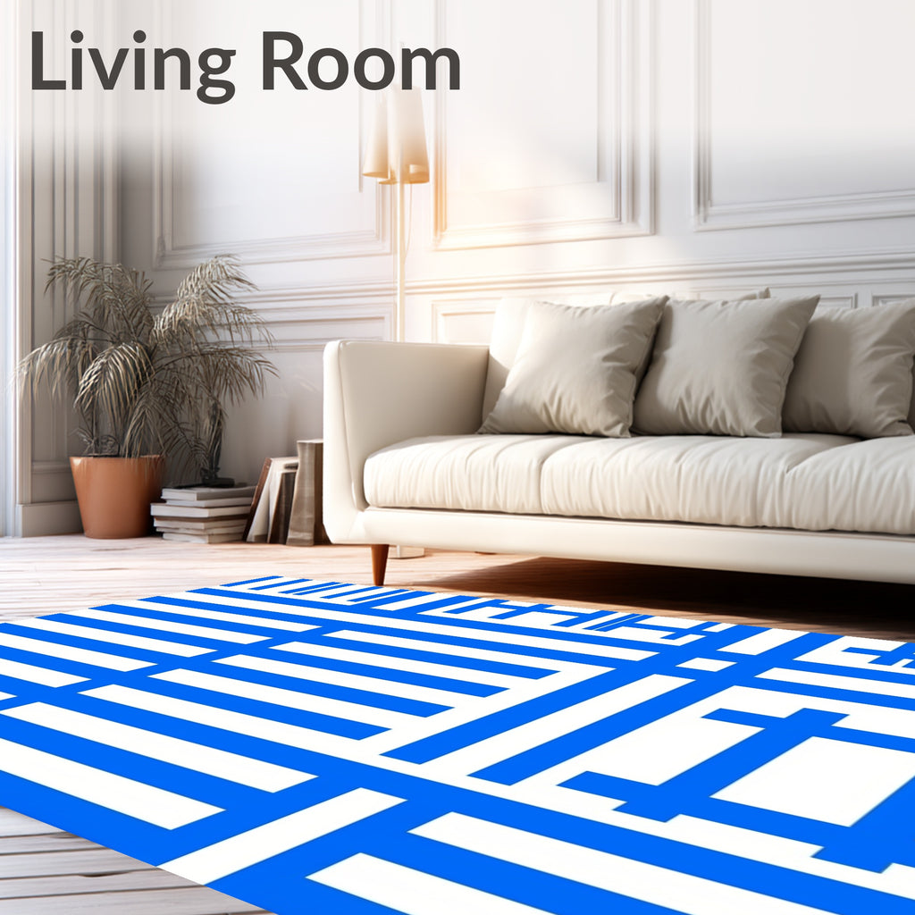 Modern Blue White Geometric Lines Rug